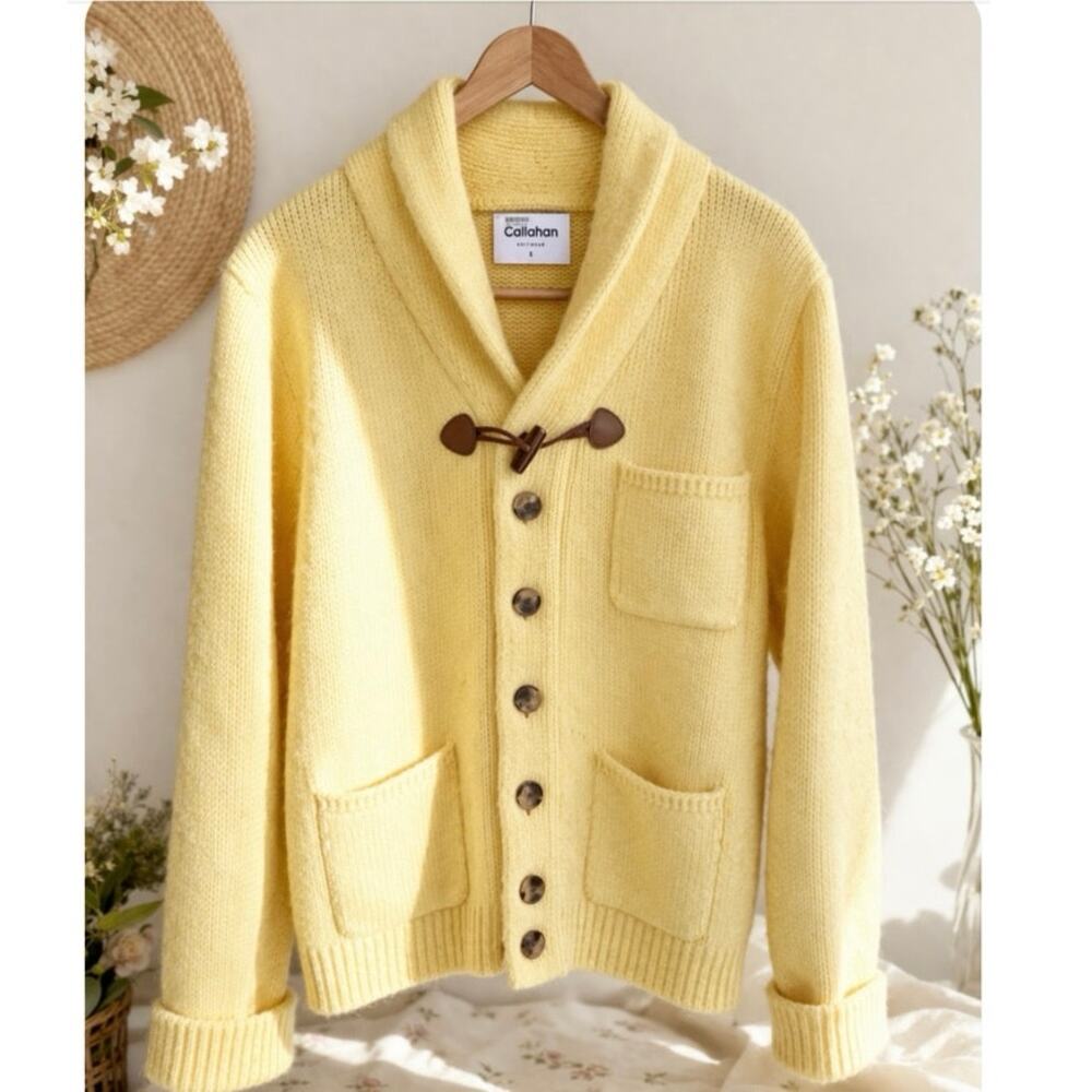 Callahan Knitwear Yellow Cardigan Shawl Collar Toggle Cozy Sweater S